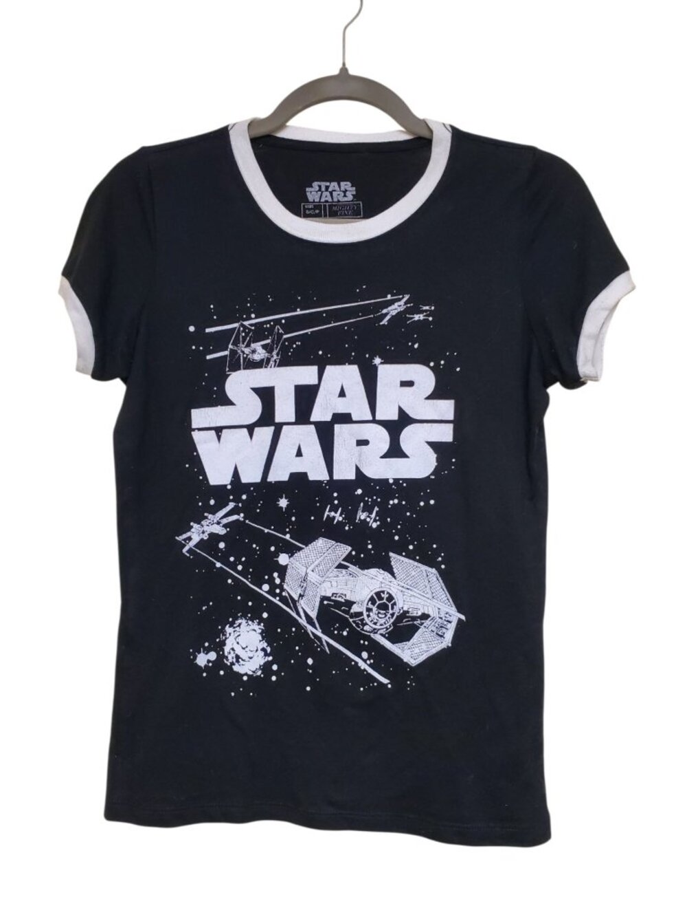 Mighty Fine x Star Wars Junior's Black White Graphic Ringer Babydoll Tee Size S